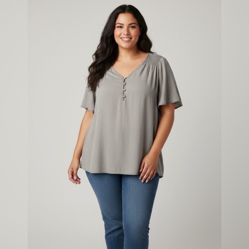 🌟3 for $30🌟Jane & Delancey Anthropologie Smocked Peasant Top Boho | Gray | 2X 🕥